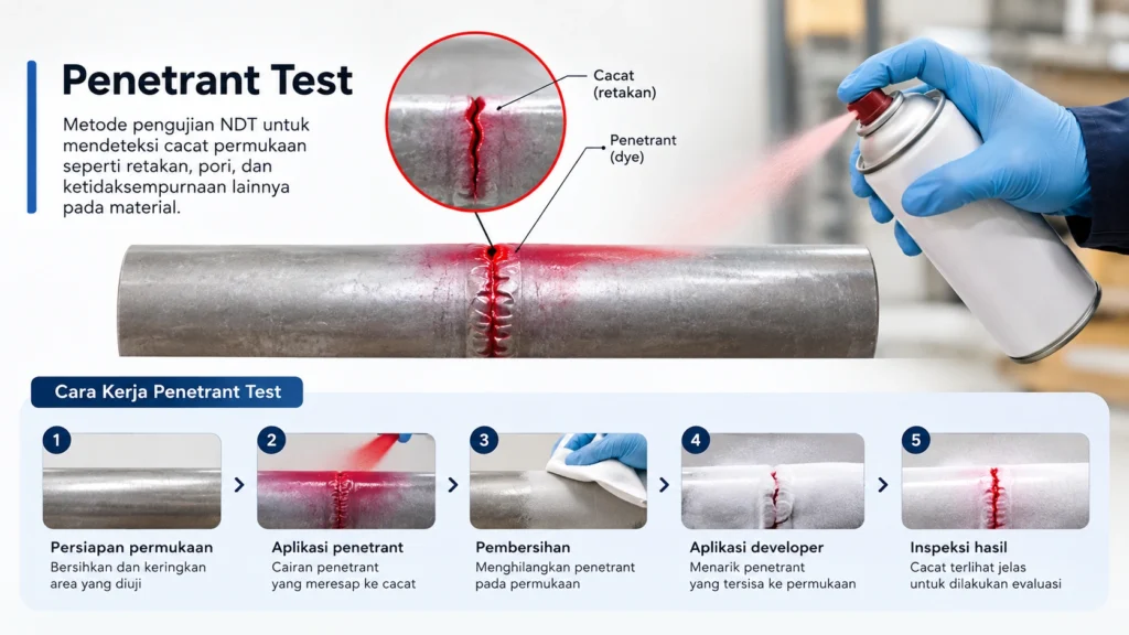 Cara kerja dari metode penetrant test untuk memeriksa kualitas pada material