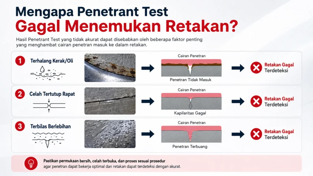 Beberapa alasan mengapa hasil dari penetrant test sering tidak terdeteksi