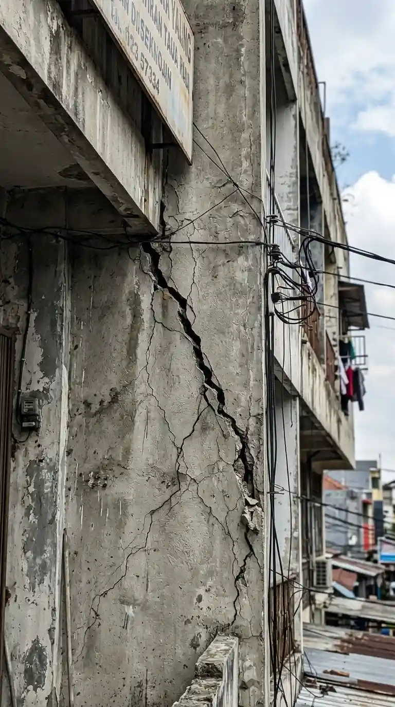 Retak besar dan bertambah pada struktur bangunan